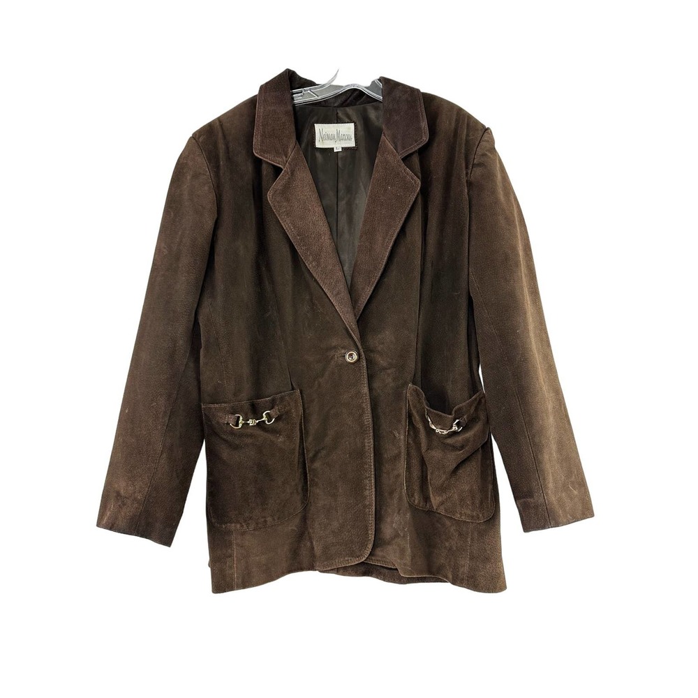 Neiman Marcus Suede Jacket Coat Womens Size L Brown Bridle Hardware Lined‎